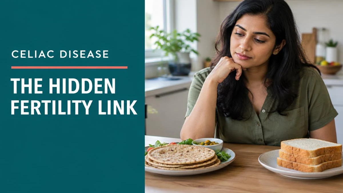 A diagram illustrating celiac disease gut damage next to gluten-free food options.
