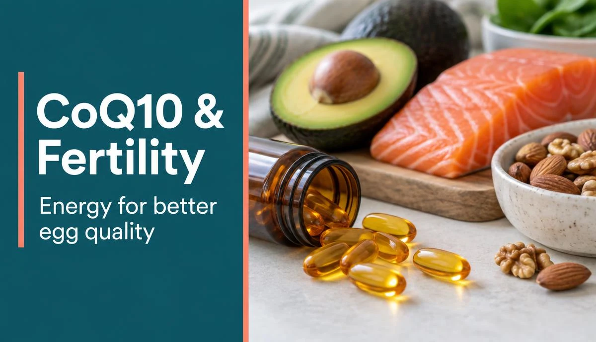 A high-quality CoQ10 supplement bottle next to healthy food sources like walnuts and spinach.