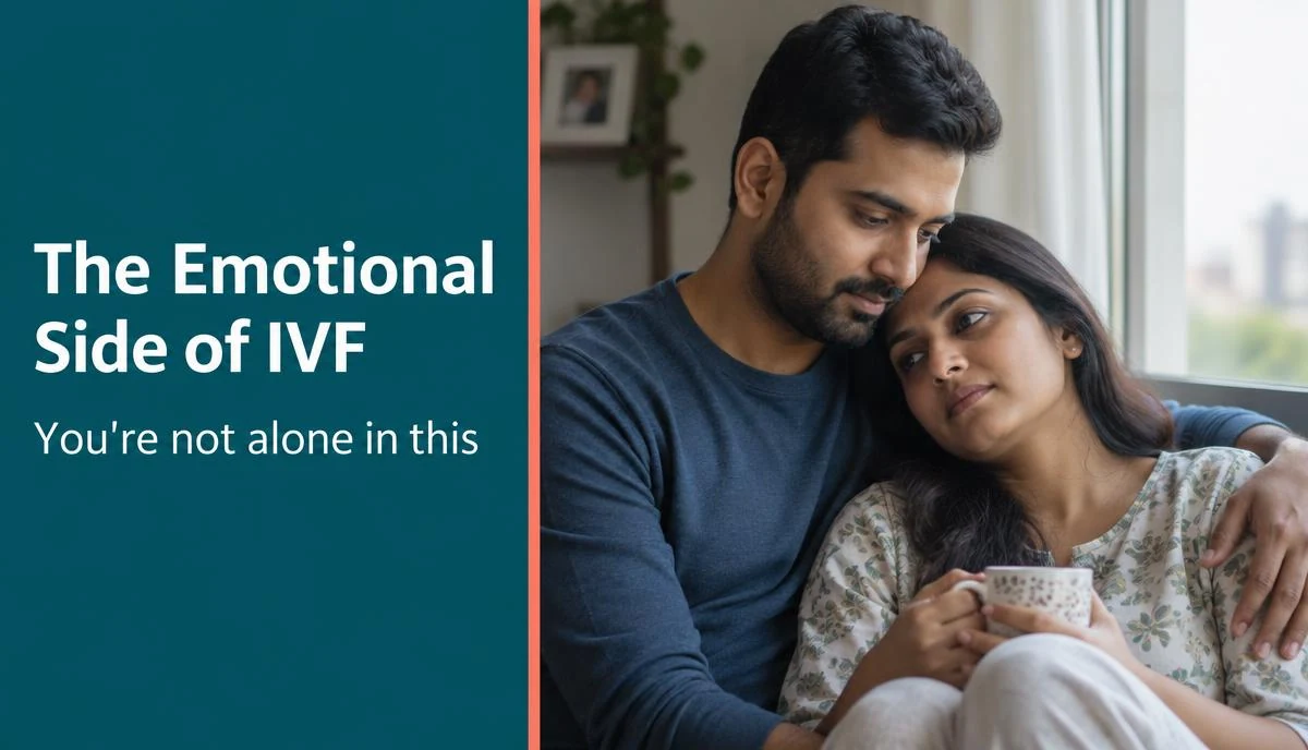 A supportive Indian couple sitting together and holding hands in a warm, peaceful home setting.