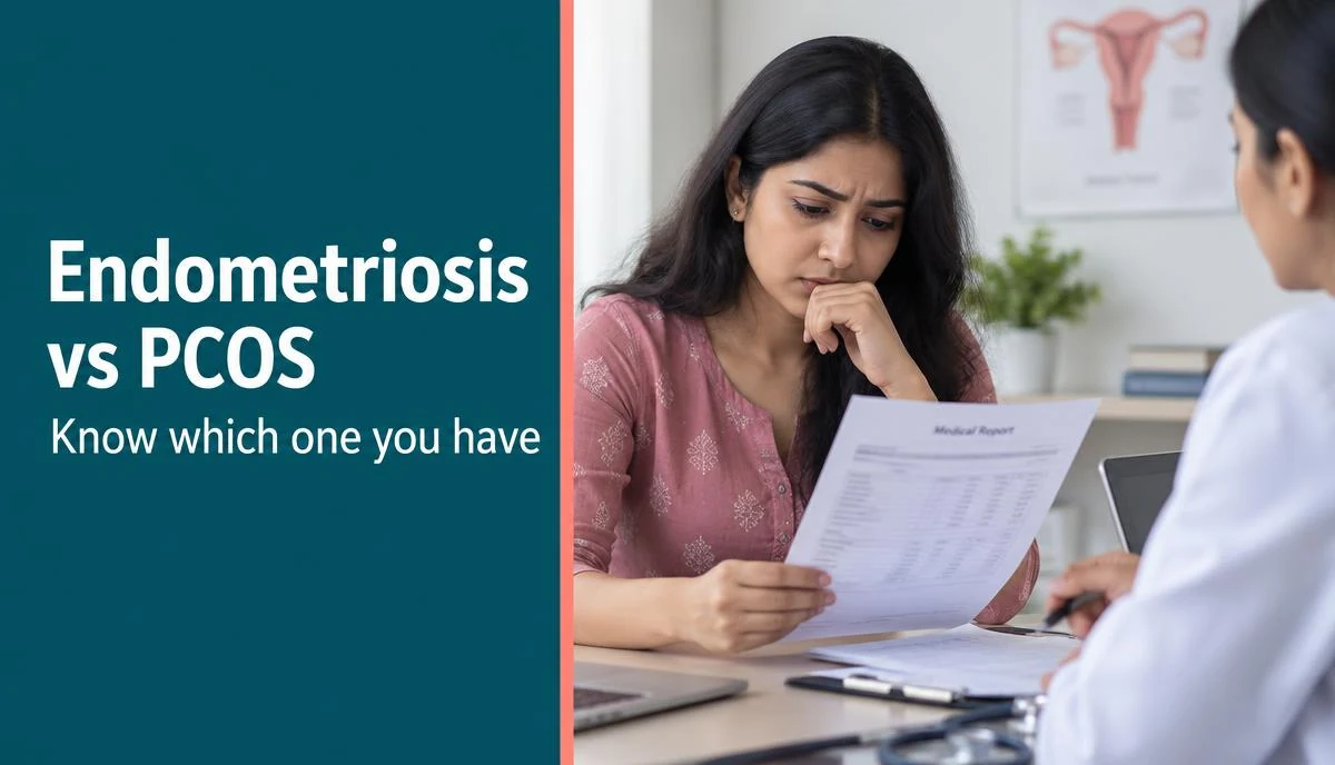 A diagnostic graphic illustrating the differences between Endometriosis and PCOS.