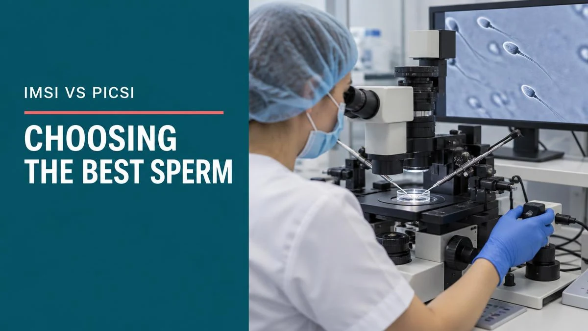 A medical graphic comparing IMSI and PICSI sperm selection methods.