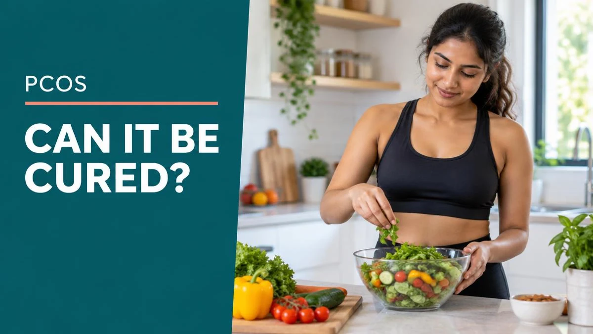 A young woman smiling in a kitchen with a green smoothie, representing PCOS management.
