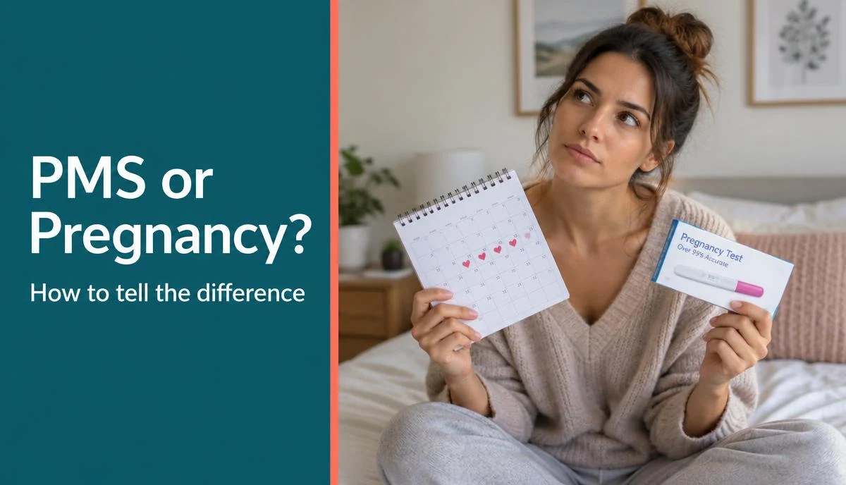 A split-screen illustration showing symbols representing PMS and early pregnancy symptoms side by side.