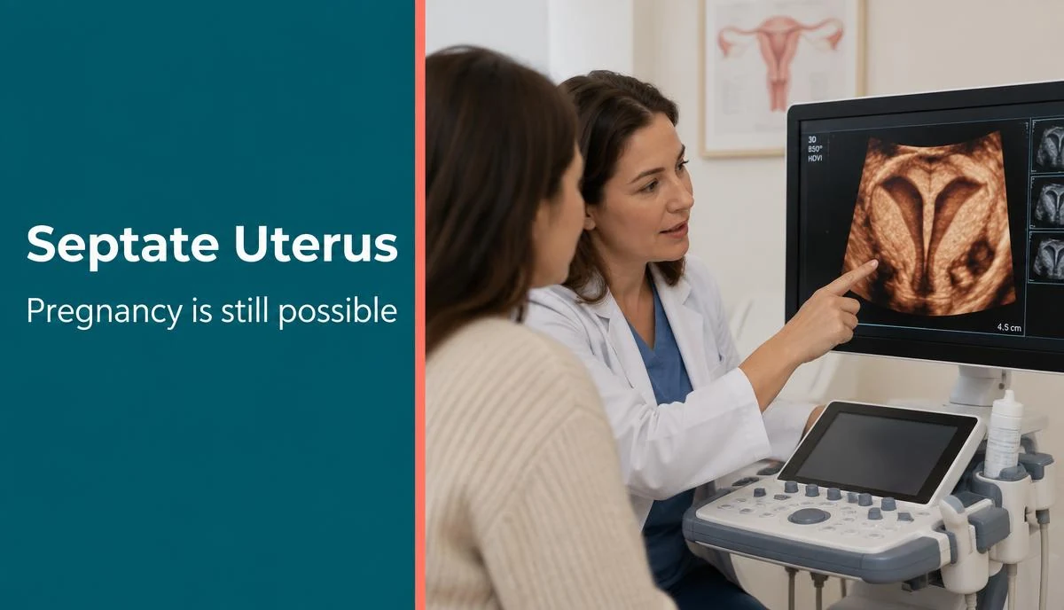 A medical diagram illustrating the differences between a normal uterus and a septate uterus.