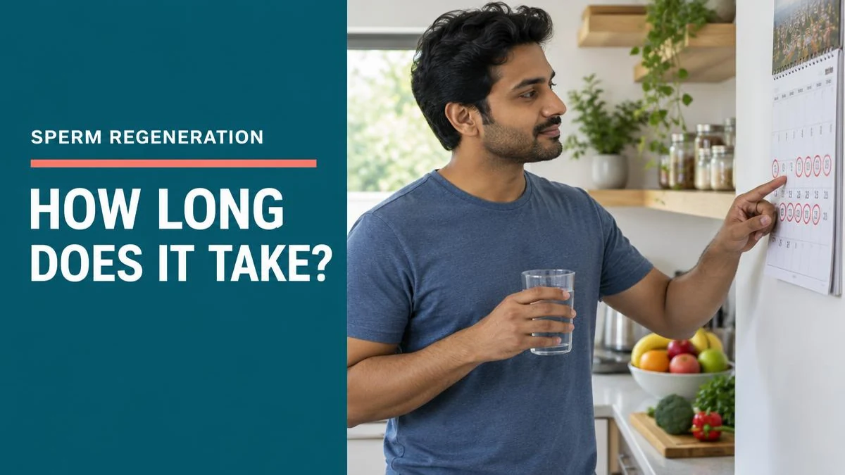 A supplement bottle next to healthy foods for sperm quality.