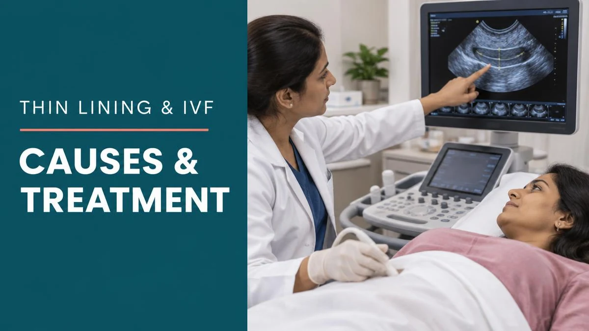 A medical ultrasound screen measuring a thin endometrium.